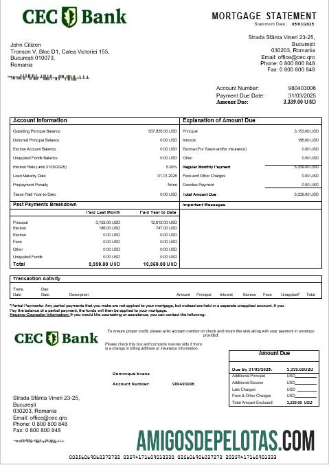 Extrato de hipoteca do banco CEC da Romênia em formatos Word e PDF exemplo